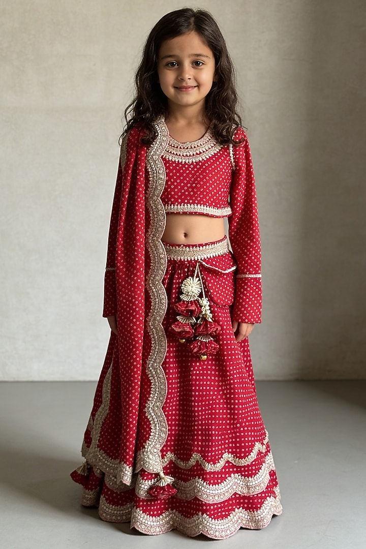 Red Satin Bandhej Lehenga Set For Girls by Fayon Kids at Pernia's Pop Up Shop