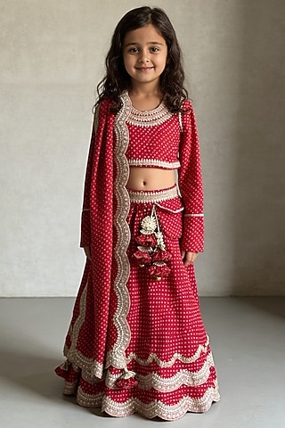 Red Satin Bandhej Lehenga Set For Girls by Fayon Kids
