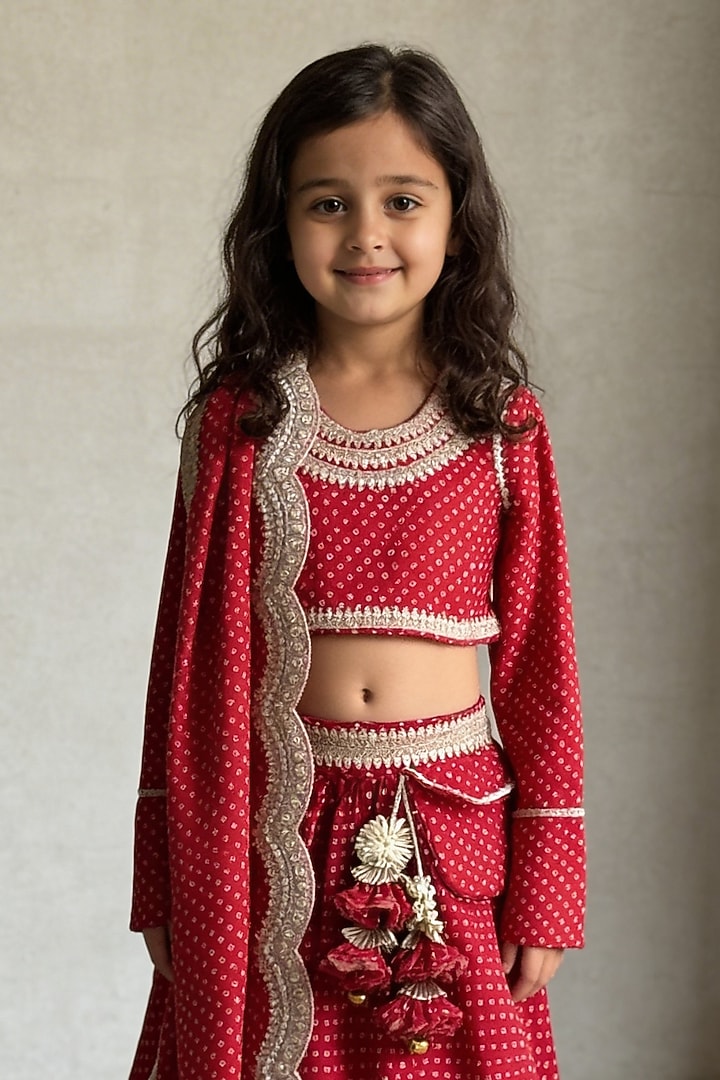 Red Satin Bandhej Lehenga Set For Girls by Fayon Kids at Pernia's Pop Up Shop