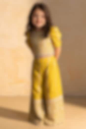 Yellow Tissue Organza Embroidered Sharara Set For Girls by Fayon Kids at Pernia's Pop Up Shop