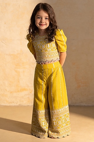 Yellow Tissue Organza Embroidered Sharara Set For Girls by Fayon Kids