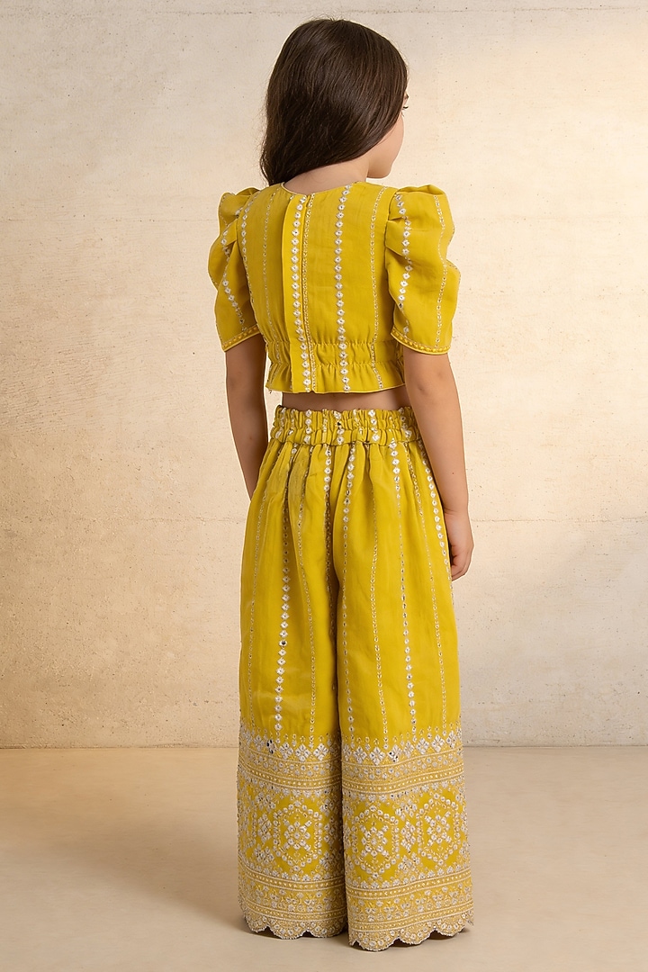 Yellow Tissue Organza Embroidered Sharara Set For Girls by Fayon Kids at Pernia's Pop Up Shop
