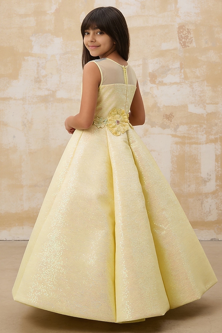 Yellow Net Sequins & 3D Floral Embroidered Gown For Girls by Fayon Kids at Pernia's Pop Up Shop