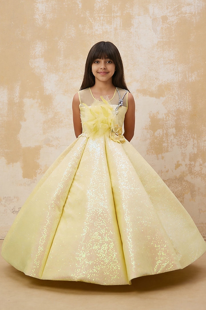 Yellow Net Sequins & 3D Floral Embroidered Gown For Girls by Fayon Kids at Pernia's Pop Up Shop
