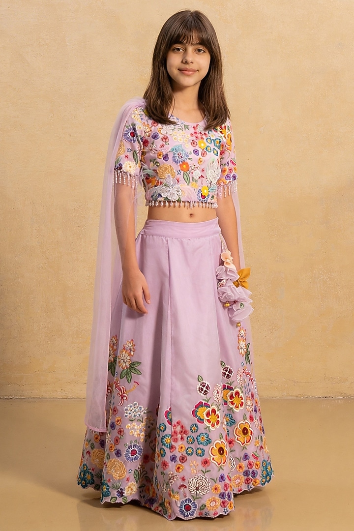 Pink Organza 3D Floral & Thread Work Lehenga Set For Girls by Fayon Kids at Pernia's Pop Up Shop