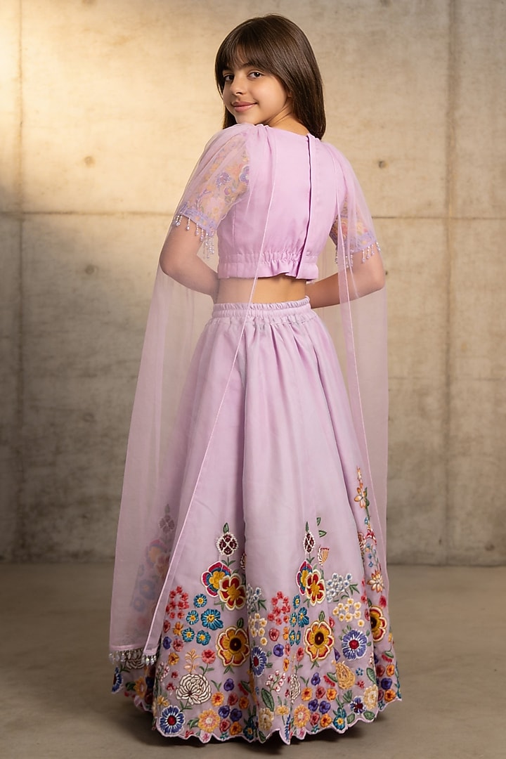 Pink Organza 3D Floral & Thread Work Lehenga Set For Girls by Fayon Kids at Pernia's Pop Up Shop