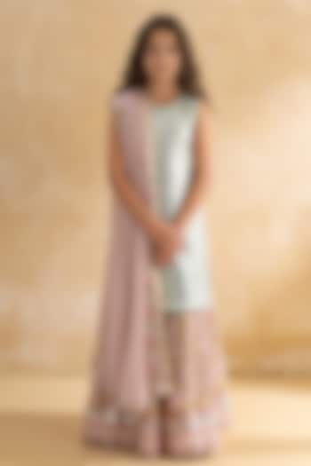 Peach Georgette Embroidered Sharara Set For Girls by Fayon Kids at Pernia's Pop Up Shop