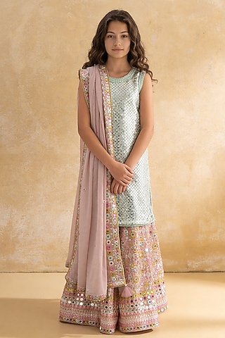 Peach Georgette Embroidered Sharara Set For Girls by Fayon Kids