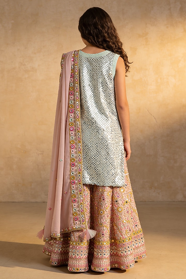 Peach Georgette Embroidered Sharara Set For Girls by Fayon Kids at Pernia's Pop Up Shop