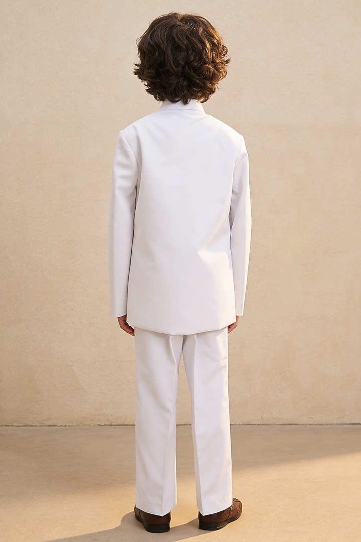 White Suiting Bandhgala Set For Boys by Fayon Kids at Pernia's Pop Up Shop