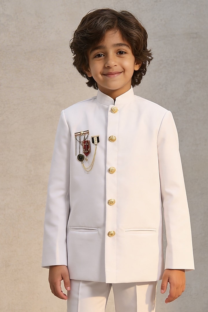 White Suiting Bandhgala Set For Boys by Fayon Kids at Pernia's Pop Up Shop