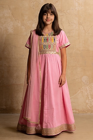 Pink Velvet Embroidered Anarkali Set For Girls by Fayon Kids