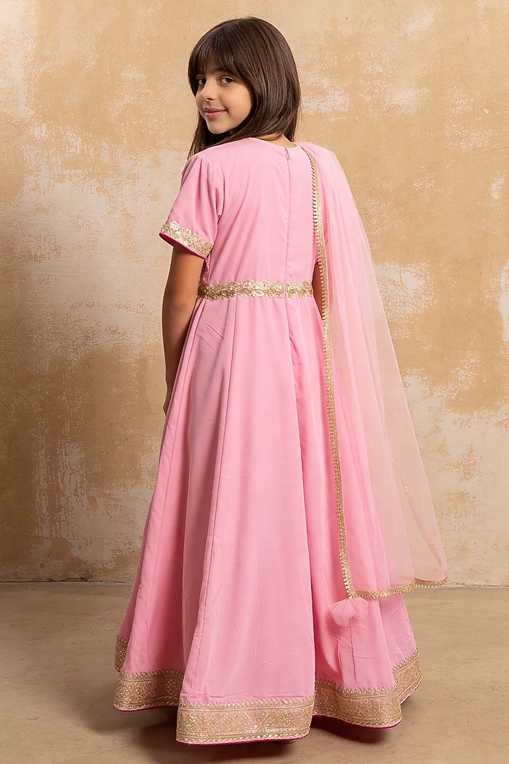 Pink Velvet Embroidered Anarkali Set For Girls by Fayon Kids at Pernia's Pop Up Shop