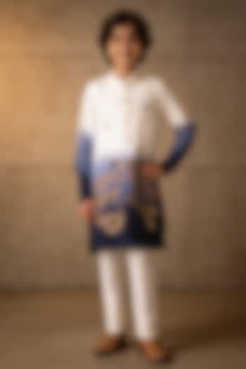 White & Blue Glace Cotton Embroidered Nehru Jacket Set For Boys by Fayon Kids at Pernia's Pop Up Shop