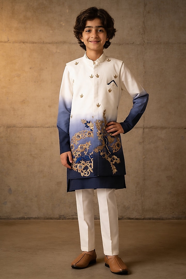 White & Blue Glace Cotton Embroidered Nehru Jacket Set For Boys by Fayon Kids at Pernia's Pop Up Shop
