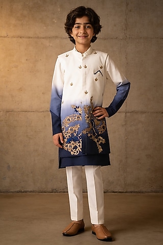 White & Blue Glace Cotton Embroidered Nehru Jacket Set For Boys by Fayon Kids