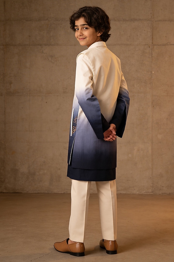 White & Blue Glace Cotton Embroidered Nehru Jacket Set For Boys by Fayon Kids at Pernia's Pop Up Shop