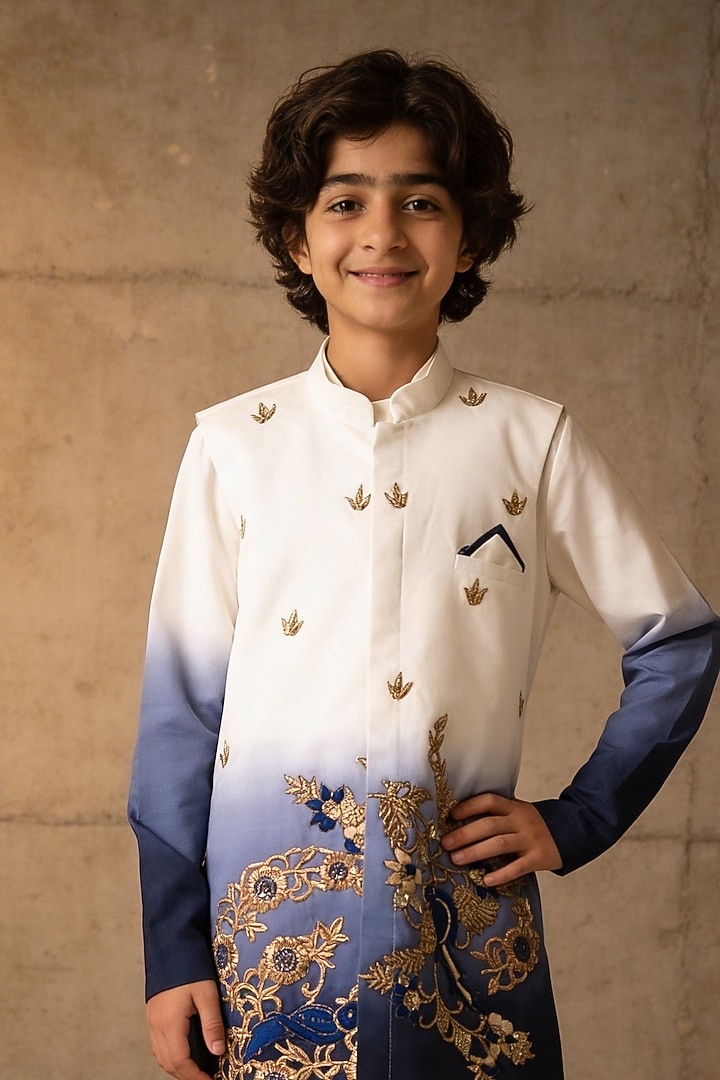 White & Blue Glace Cotton Embroidered Nehru Jacket Set For Boys by Fayon Kids at Pernia's Pop Up Shop
