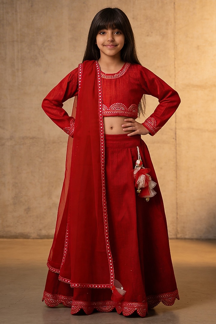 Red Raw Silk Lehenga Set For Girls by Fayon Kids at Pernia's Pop Up Shop