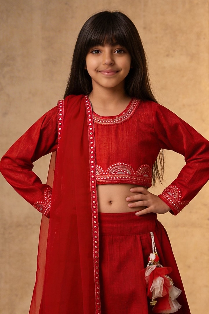 Red Raw Silk Lehenga Set For Girls by Fayon Kids at Pernia's Pop Up Shop