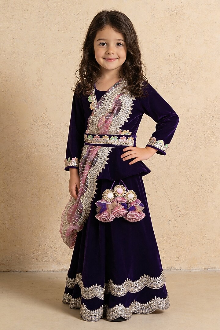 Purple Velvet Lehenga Set For Girls by Fayon Kids at Pernia's Pop Up Shop