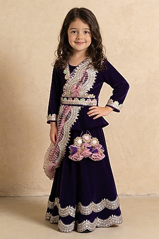 Purple Velvet Lehenga Set For Girls by Fayon Kids