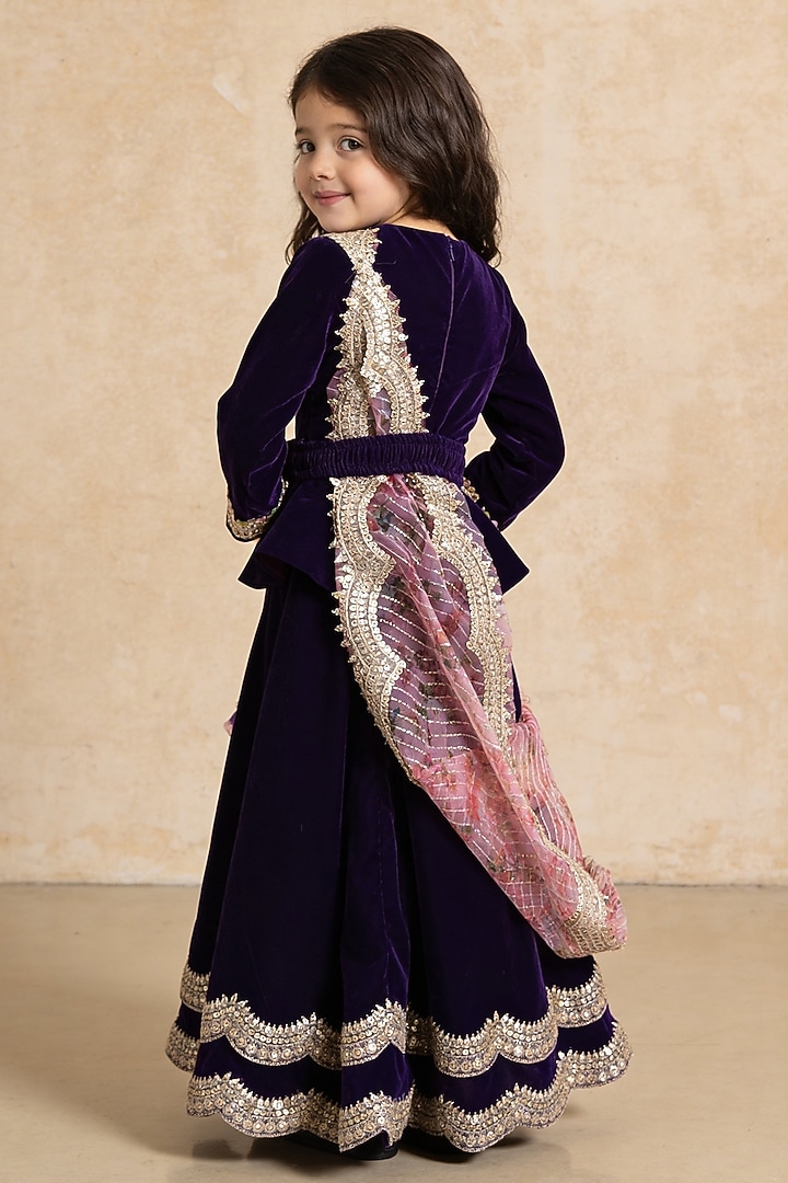 Purple Velvet Lehenga Set For Girls by Fayon Kids at Pernia's Pop Up Shop