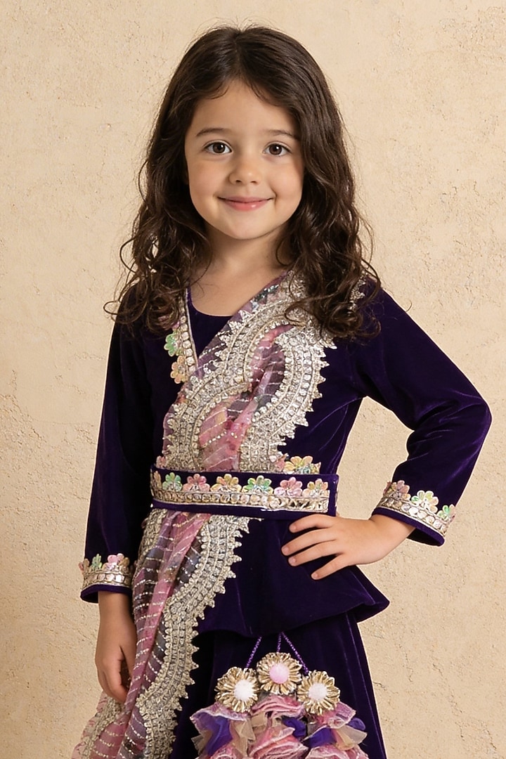 Purple Velvet Lehenga Set For Girls by Fayon Kids at Pernia's Pop Up Shop