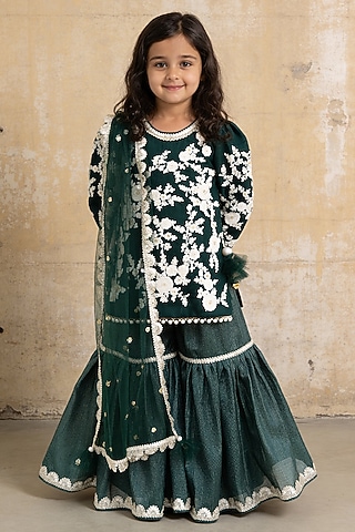 Green Glace Cotton Sharara Set For Girls by Fayon Kids