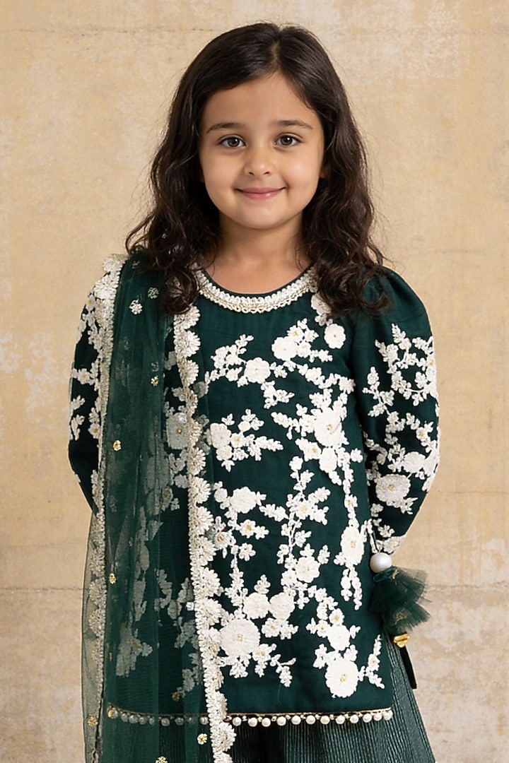 Green Glace Cotton Sharara Set For Girls by Fayon Kids at Pernia's Pop Up Shop