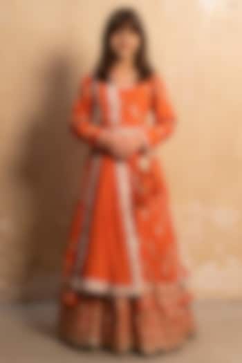 Orange Georgette Embroidered Anarkali Set For Girls by Fayon Kids at Pernia's Pop Up Shop