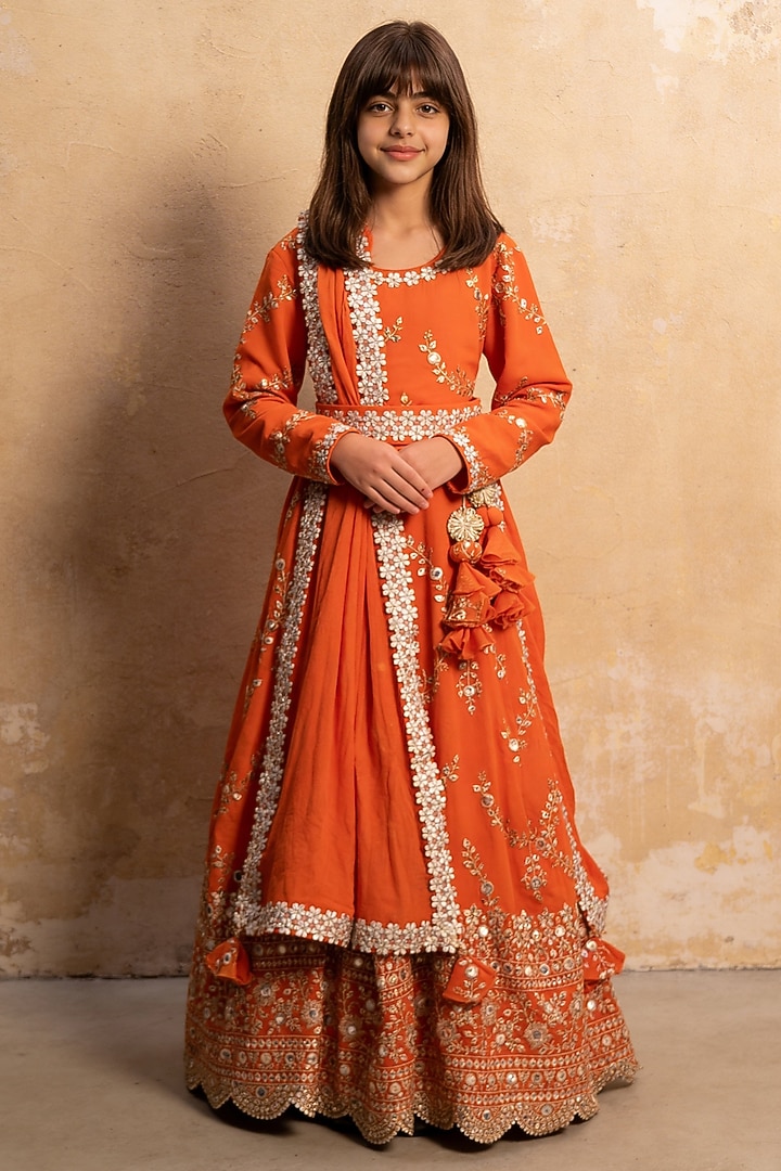 Orange Georgette Embroidered Anarkali Set For Girls by Fayon Kids at Pernia's Pop Up Shop
