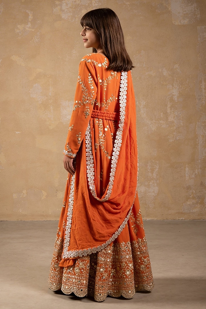 Orange Georgette Embroidered Anarkali Set For Girls by Fayon Kids at Pernia's Pop Up Shop