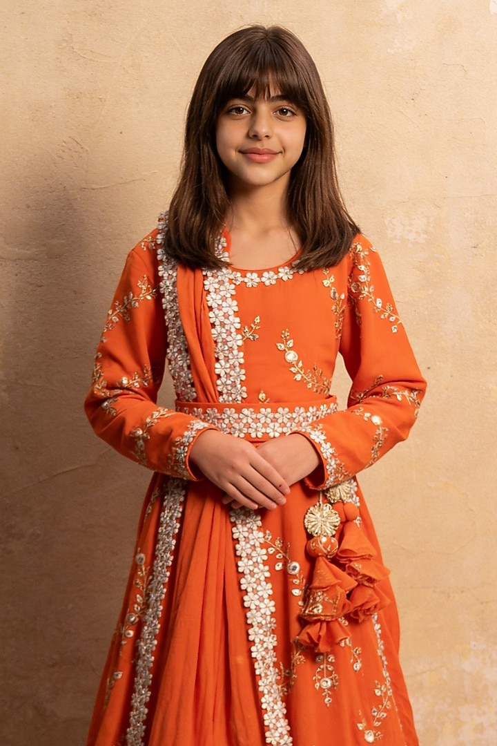 Orange Georgette Embroidered Anarkali Set For Girls by Fayon Kids at Pernia's Pop Up Shop