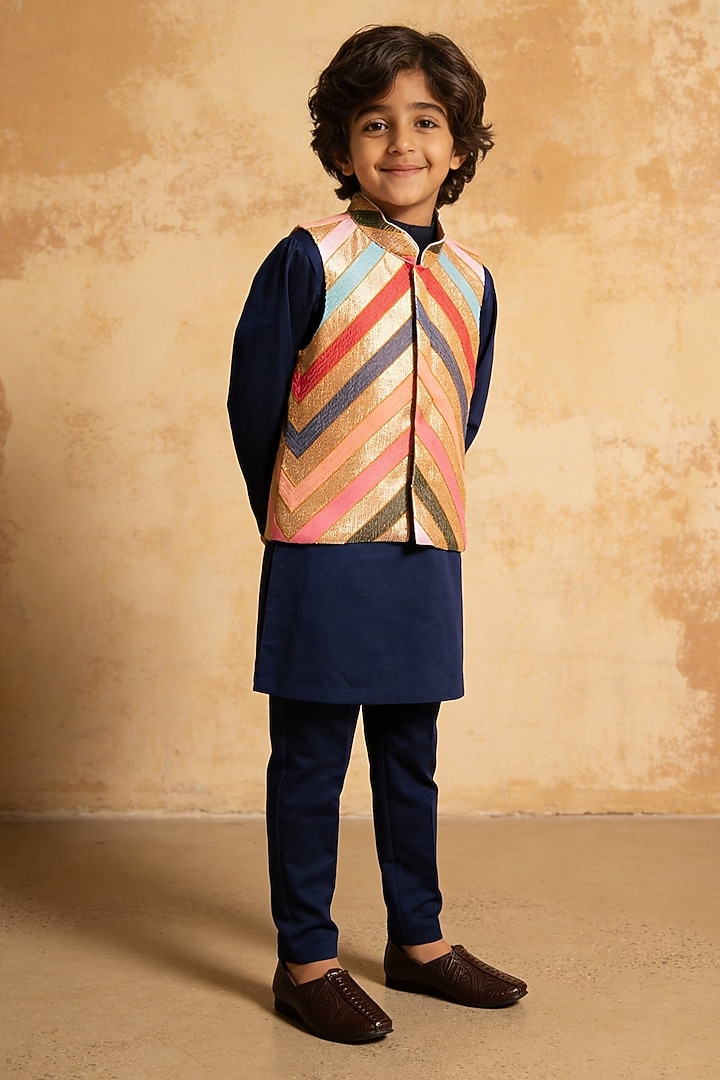 Multi-Colored Glace Cotton Thread Embroidered Nehru Jacket Set For Boys by Fayon Kids at Pernia's Pop Up Shop