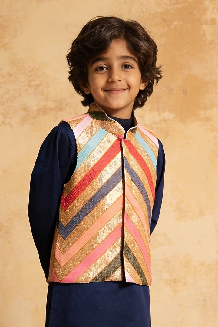 Multi-Colored Glace Cotton Thread Embroidered Nehru Jacket Set For Boys by Fayon Kids at Pernia's Pop Up Shop