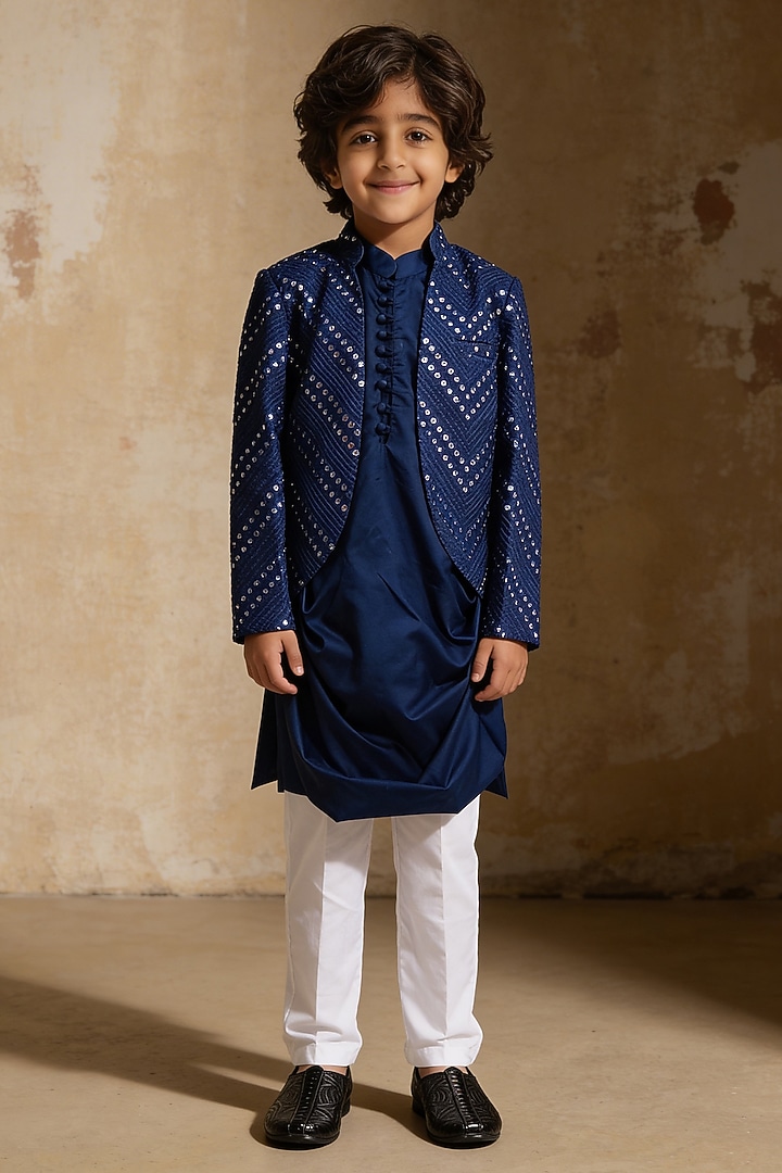 Blue Glace Cotton Mirror Embroidered Nehru Jacket Set For Boys by Fayon Kids at Pernia's Pop Up Shop
