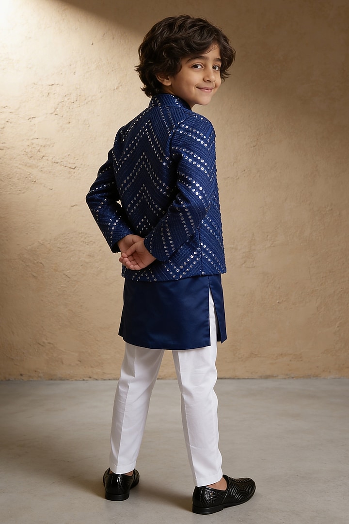 Blue Glace Cotton Mirror Embroidered Nehru Jacket Set For Boys by Fayon Kids at Pernia's Pop Up Shop