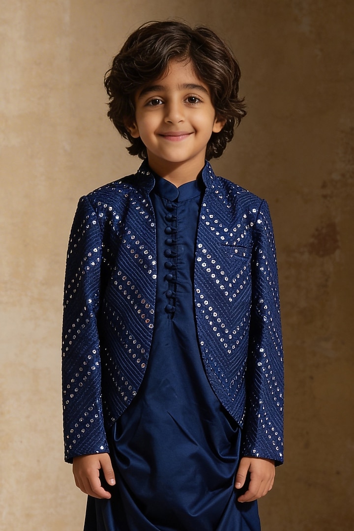 Blue Glace Cotton Mirror Embroidered Nehru Jacket Set For Boys by Fayon Kids at Pernia's Pop Up Shop