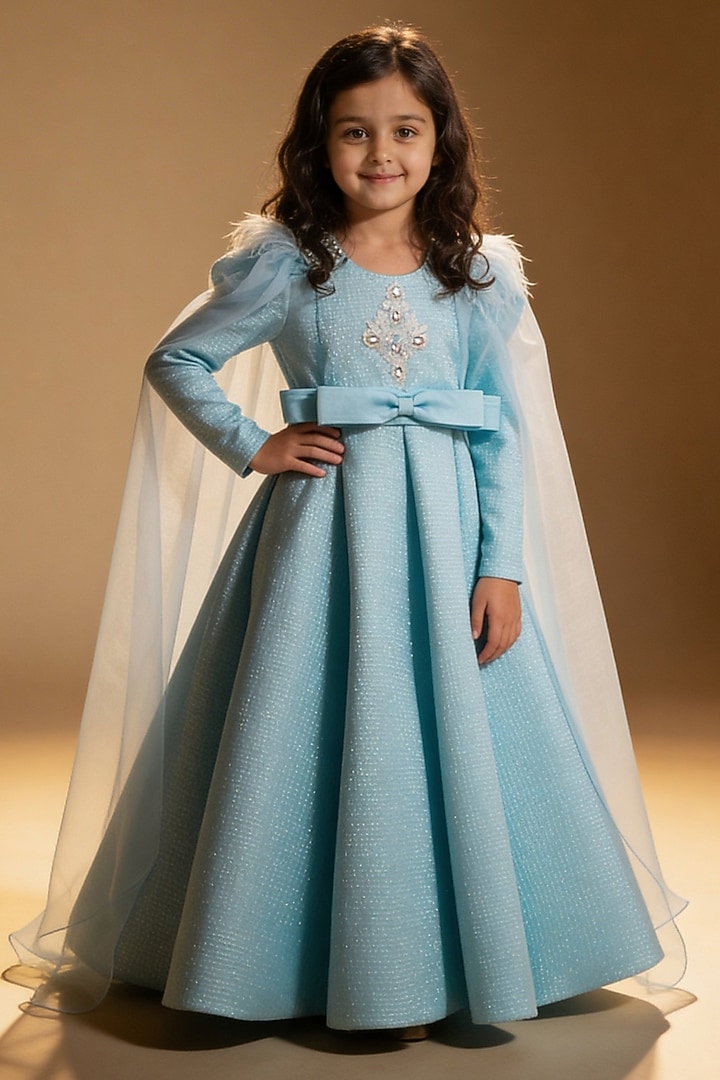 Blue Net Sequin & Pearl Embroidered Gown For Girls by Fayon Kids at Pernia's Pop Up Shop