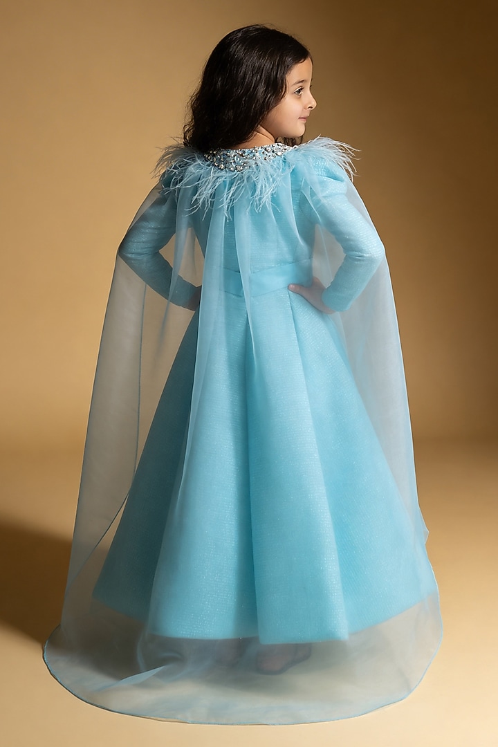 Blue Net Sequin & Pearl Embroidered Gown For Girls by Fayon Kids at Pernia's Pop Up Shop