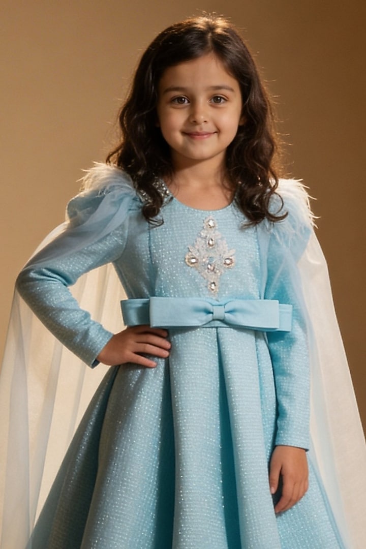 Blue Net Sequin & Pearl Embroidered Gown For Girls by Fayon Kids at Pernia's Pop Up Shop