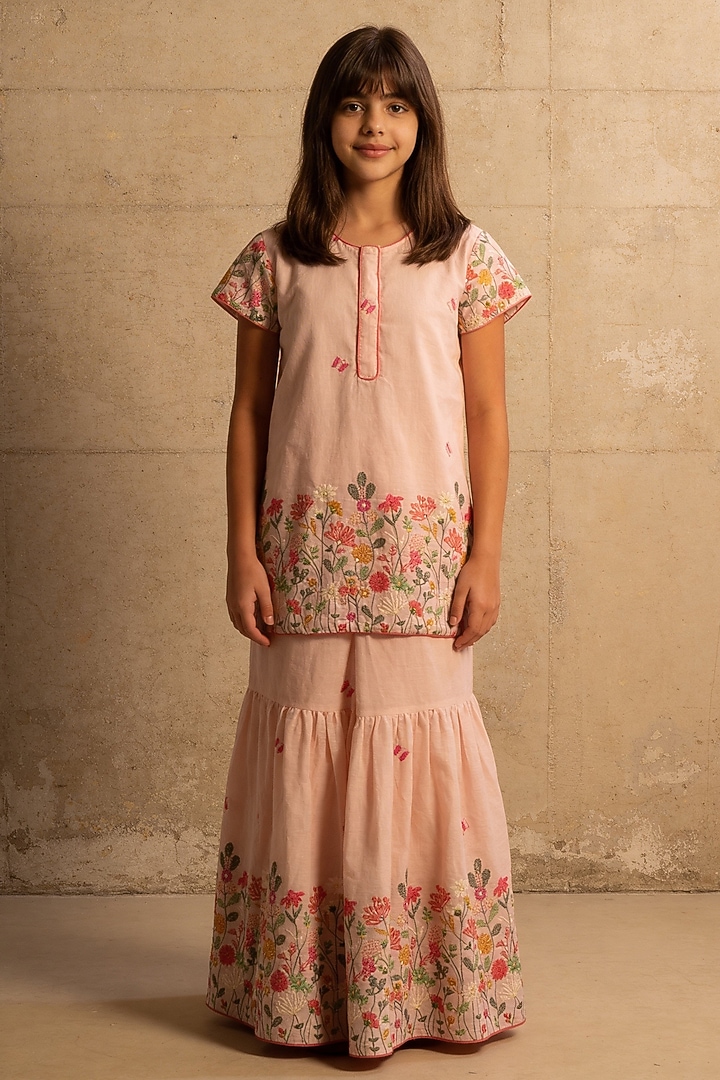 Peach Cotton Embroidered Sharara Set For Girls by Fayon Kids at Pernia's Pop Up Shop