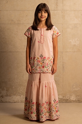 Peach Cotton Embroidered Sharara Set For Girls by Fayon Kids