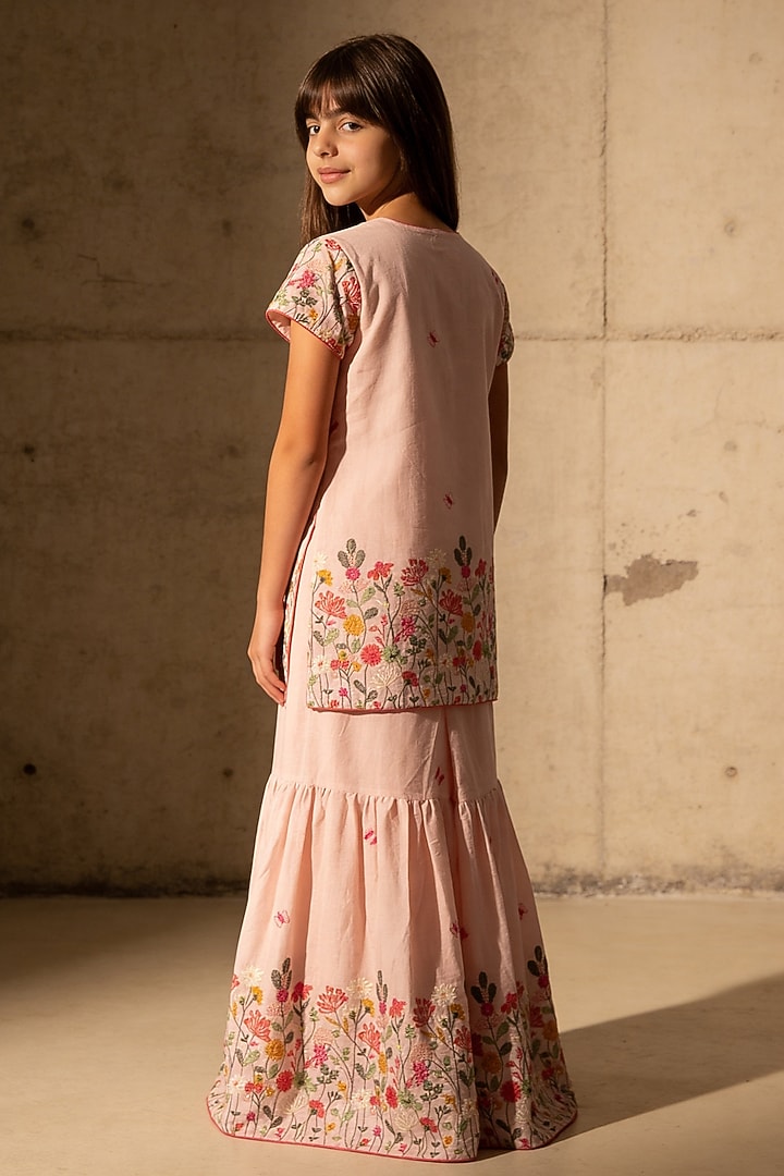 Peach Cotton Embroidered Sharara Set For Girls by Fayon Kids at Pernia's Pop Up Shop