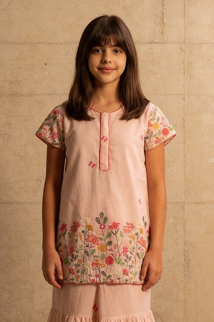 Peach Cotton Embroidered Sharara Set For Girls by Fayon Kids at Pernia's Pop Up Shop