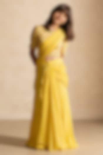 Yellow Cotton Lehenga Saree Set For Girls by Fayon Kids at Pernia's Pop Up Shop