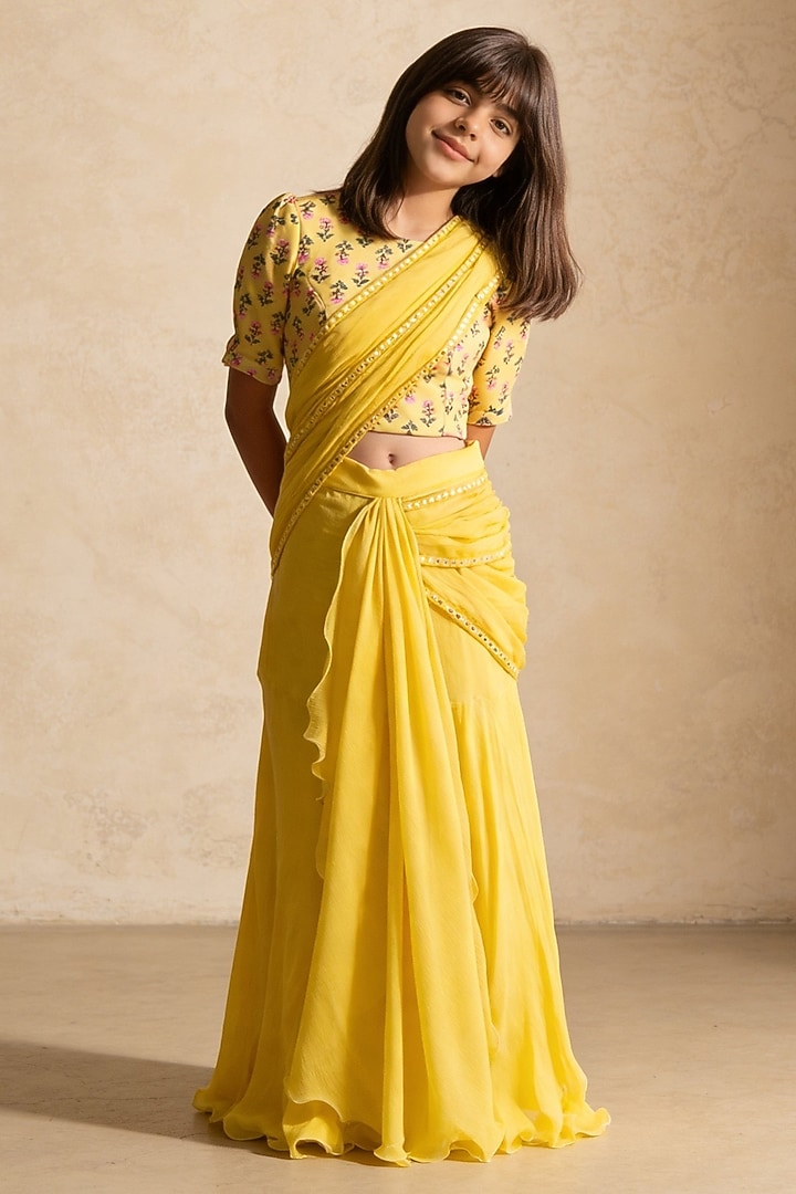 Yellow Cotton Lehenga Saree Set For Girls by Fayon Kids at Pernia's Pop Up Shop