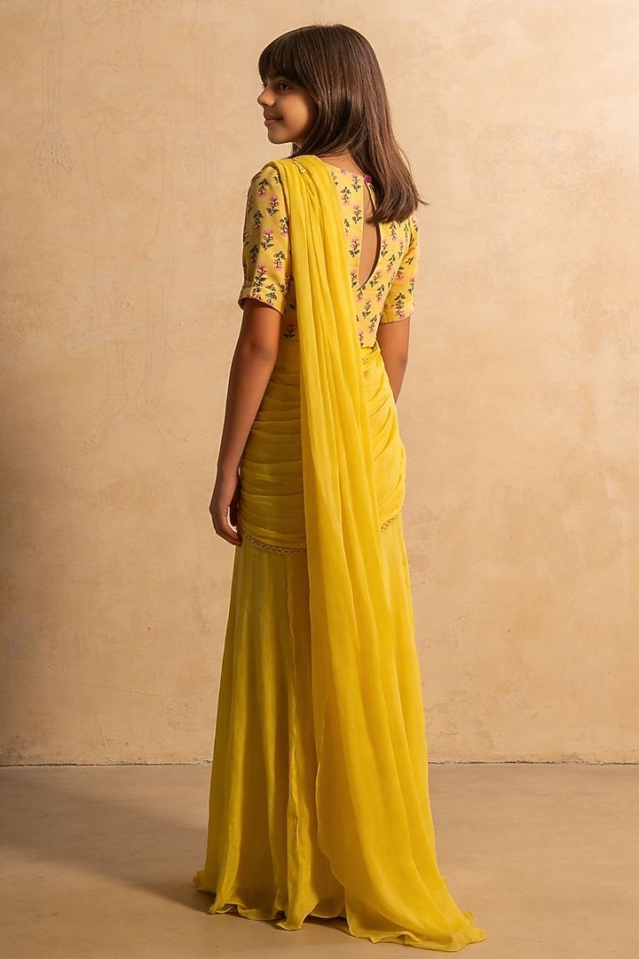 Yellow Cotton Lehenga Saree Set For Girls by Fayon Kids at Pernia's Pop Up Shop