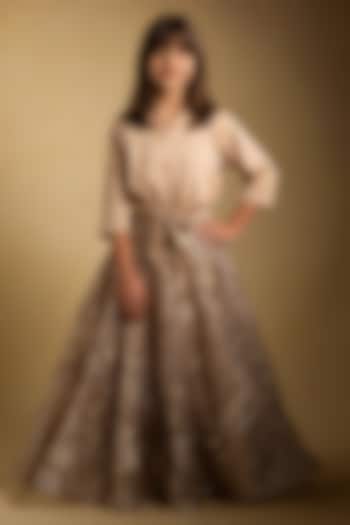 Beige Satin Sequin Embroidered Lehenga Set For Girls by Fayon Kids at Pernia's Pop Up Shop